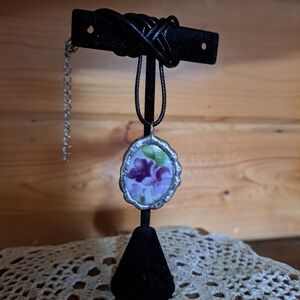 Purple Violet Floral Pendant Necklace with Silver Accents Upcycled Vintage Boho
